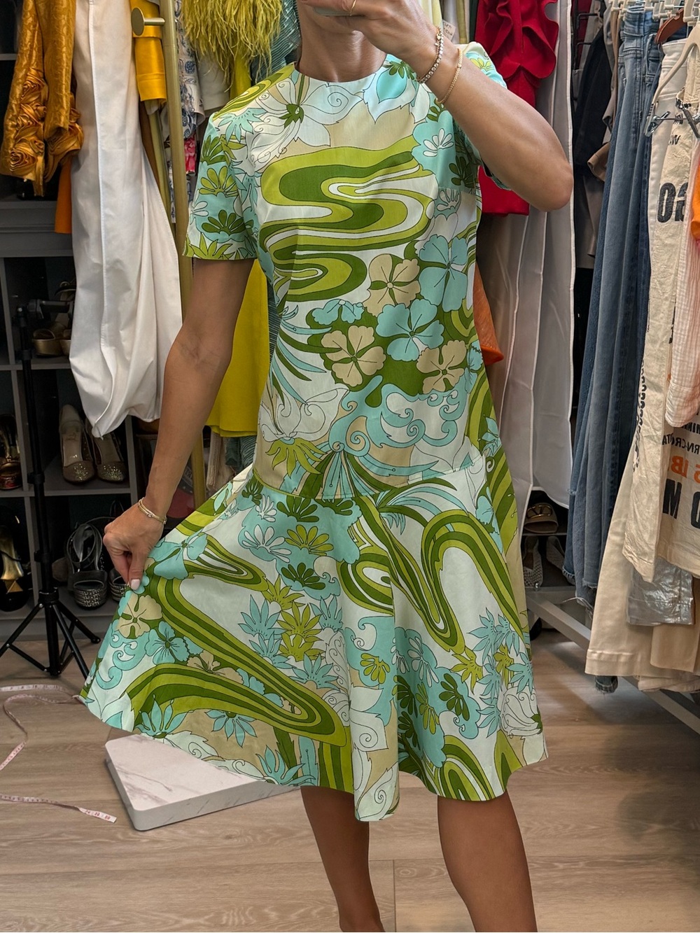 Vintage Home-made 60s 70s Mod Psychedelic Floral Fit & Flare Dress Green Blue